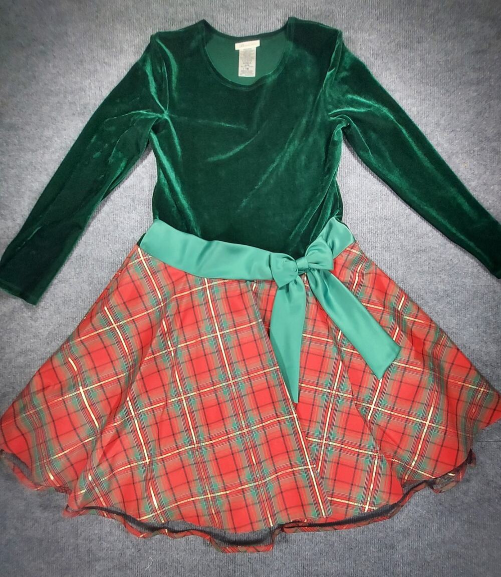 Bonnie Jean Dress Girls 16 Red Plaid Velvet Long Sleeve Holiday Christmas Party